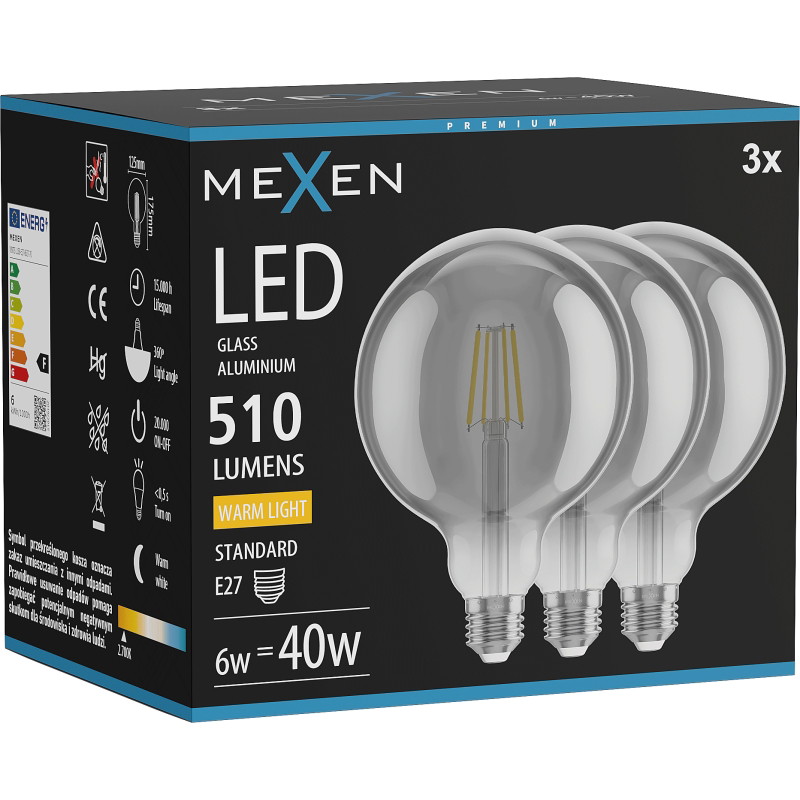 Mexen Vintis 3x ampoule LED à filament E27, G125, 6W, Chaude - 2700K, 510 lm, fumée - L158-E27-0627-70x03