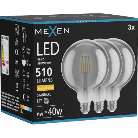 Mexen Vintis 3x ampoule LED à filament E27, G125, 6W, Chaude - 2700K, 510 lm, fumée - L158-E27-0627-70x03