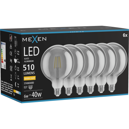 Mexen Vintis 6x Ampoule filament LED E27, G125, 6W, Chaude - 2700K, 510 lm, fumée - L158-E27-0627-70x06