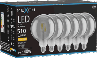 Mexen Vintis 6x Ampoule filament LED E27, G125, 6W, Chaude - 2700K, 510 lm, fumée - L158-E27-0627-70x06