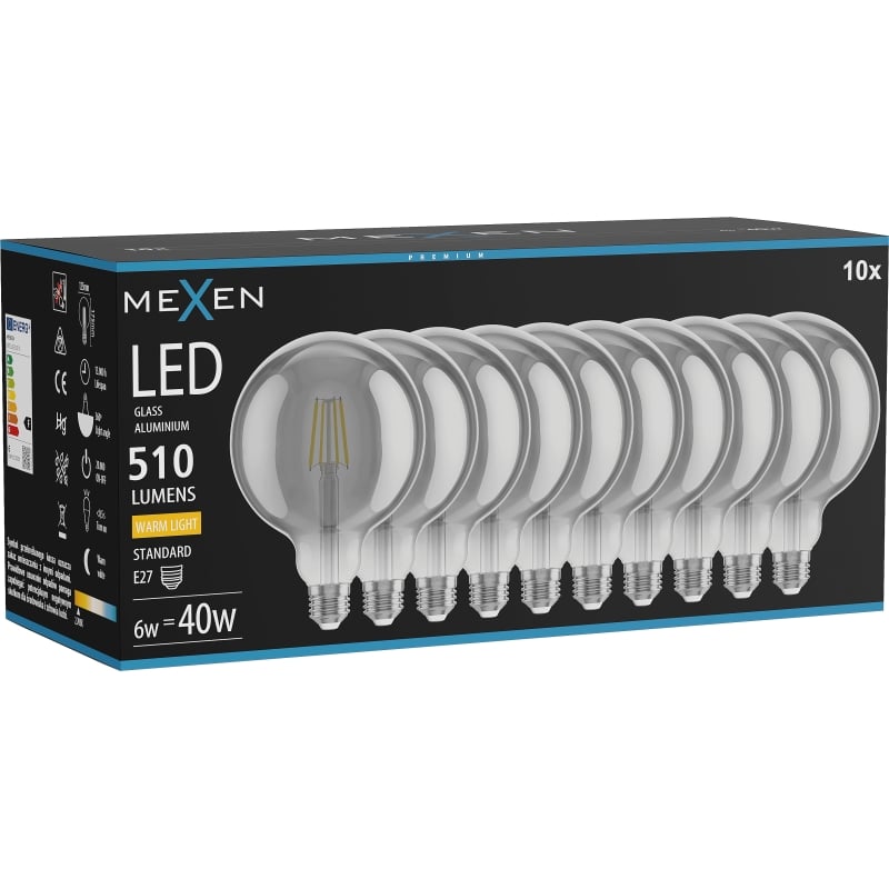 Mexen Vintis 10x Ampoule filament LED E27, G125, 6W, Chaude - 2700K, 510 lm, fumée - L158-E27-0627-70x10