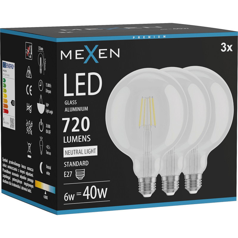 Mexen Vintis 3x ampoule LED à filament E27, G125, 6W, Neutre - 4000K, 720 lm, transparent - L158-E27-0640-00x03