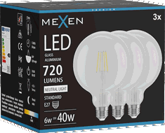 Mexen Vintis 3x ampoule LED à filament E27, G125, 6W, Neutre - 4000K, 720 lm, transparent - L158-E27-0640-00x03