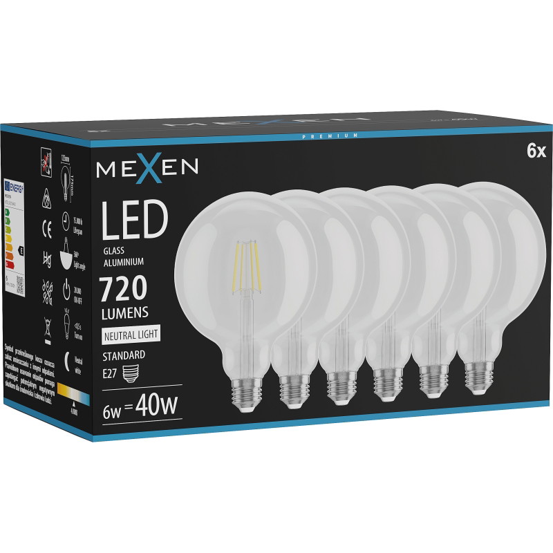 Mexen Vintis 6x Ampoule filament LED E27, G125, 6W, Neutre - 4000K, 720 lm, transparent - L158-E27-0640-00x06