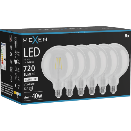 Mexen Vintis 6x Ampoule filament LED E27, G125, 6W, Neutre - 4000K, 720 lm, transparent - L158-E27-0640-00x06
