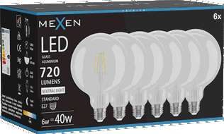 Mexen Vintis 6x Ampoule filament LED E27, G125, 6W, Neutre - 4000K, 720 lm, transparent - L158-E27-0640-00x06
