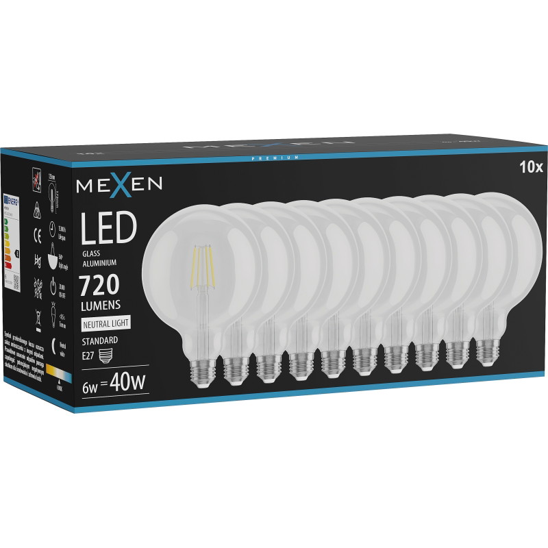 Mexen Vintis 10x Ampoule LED à filament E27, G125, 6W, Neutre - 4000K, 720 lm, clair - L158-E27-0640-00x10