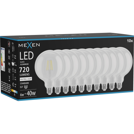 Mexen Vintis 10x Ampoule LED à filament E27, G125, 6W, Neutre - 4000K, 720 lm, clair - L158-E27-0640-00x10