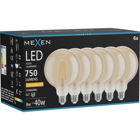 Mexen Vintis 6x Ampoule filament LED E27, G125, 8W, Chaude - 2200K, 750 lm, ambre - L158-E27-0822-50x06