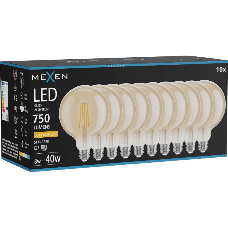 Mexen Vintis 10x Ampoule filament LED E27, G125, 8W, Chaude - 2200K, 750 lm, ambre - L158-E27-0822-50x10
