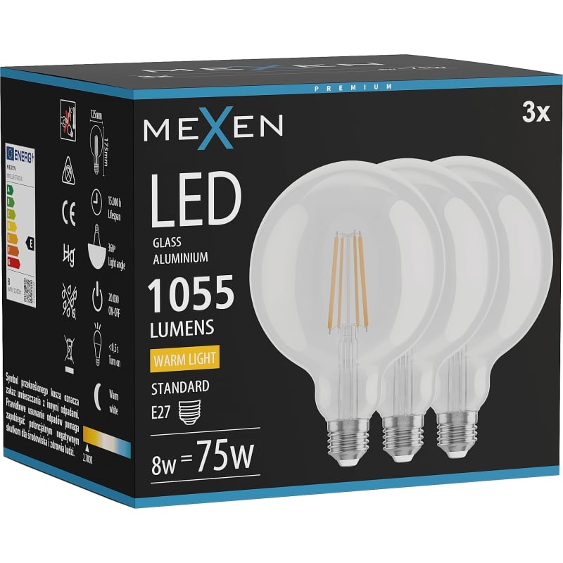 Mexen Vintis 3x Ampoule filament LED E27, G125, 8W, Chaude - 2700K, 1055 lm, claire - L158-E27-0827-00x03