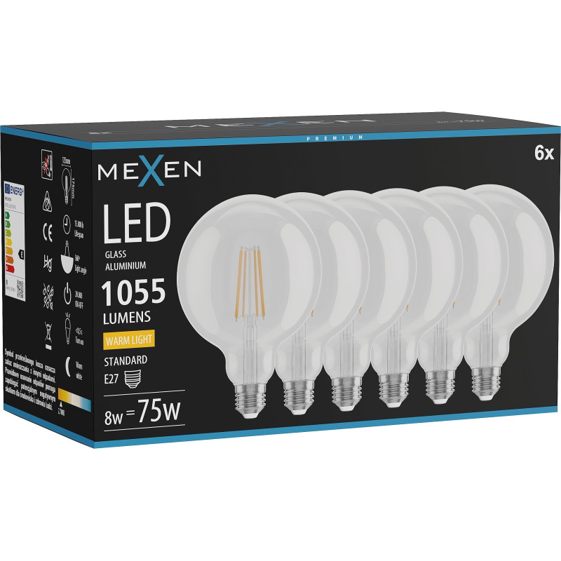 Mexen Vintis 6x Ampoule filament LED E27, G125, 8W, Chaude - 2700K, 1055 lm, transparente - L158-E27-0827-00x06