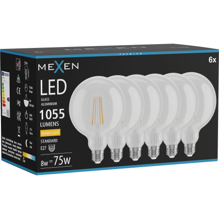 Mexen Vintis 6x Ampoule filament LED E27, G125, 8W, Chaude - 2700K, 1055 lm, transparente - L158-E27-0827-00x06