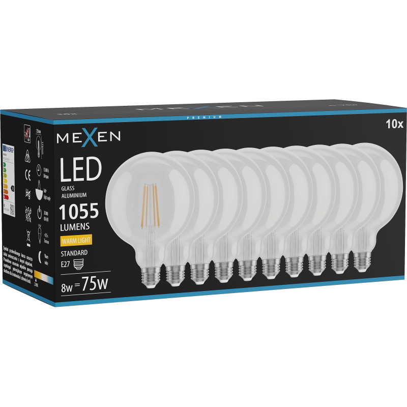 Mexen Vintis 10x Ampoule filament LED E27, G125, 8W, Chaude - 2700K, 1055 lm, claire - L158-E27-0827-00x10