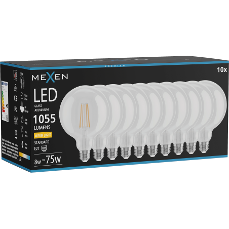Mexen Vintis 10x Ampoule filament LED E27, G125, 8W, Chaude - 2700K, 1055 lm, claire - L158-E27-0827-00x10