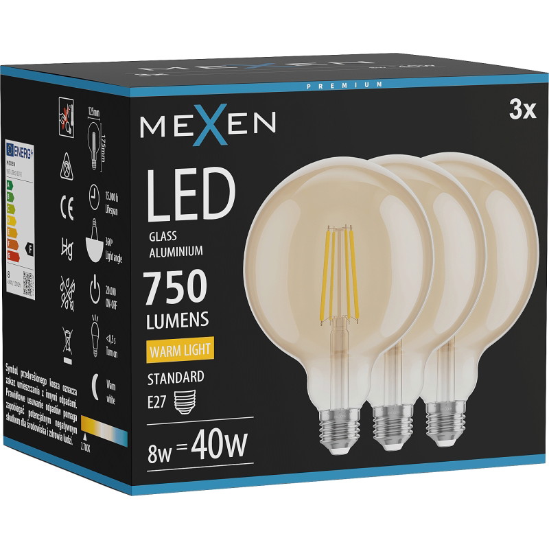 Mexen Vintis 3x Ampoule filament LED E27, G125, 8W, Chaude - 2700K, 750 lm, ambre - L158-E27-0827-50x03