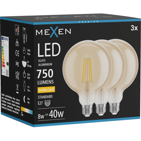 Mexen Vintis 3x Ampoule filament LED E27, G125, 8W, Chaude - 2700K, 750 lm, ambre - L158-E27-0827-50x03