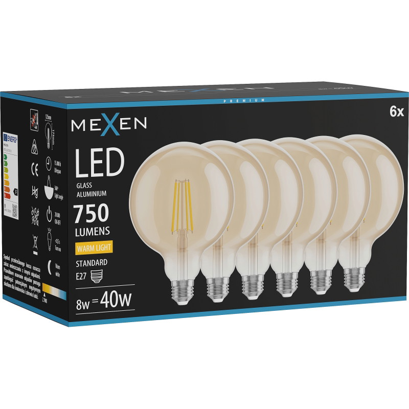 Mexen Vintis 6x Ampoule filament LED E27, G125, 8W, Chaude - 2700K, 750 lm, ambre - L158-E27-0827-50x06