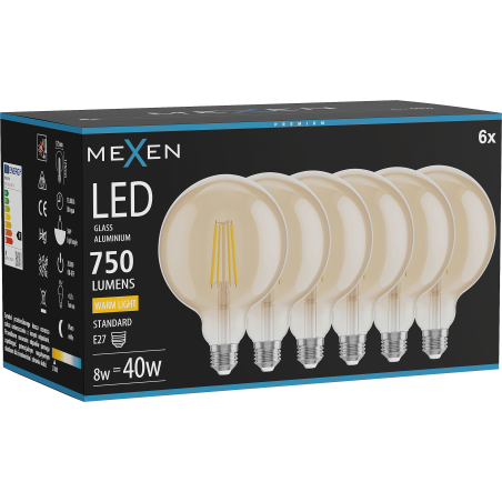 Mexen Vintis 6x Ampoule filament LED E27, G125, 8W, Chaude - 2700K, 750 lm, ambre - L158-E27-0827-50x06