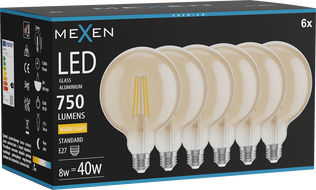 Mexen Vintis 6x Ampoule filament LED E27, G125, 8W, Chaude - 2700K, 750 lm, ambre - L158-E27-0827-50x06