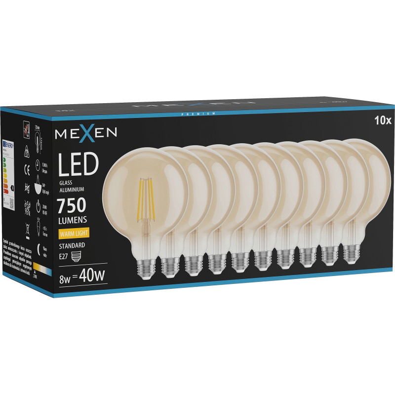 Mexen Vintis 10x Ampoule filament LED E27, G125, 8W, Chaude - 2700K, 750 lm, ambre - L158-E27-0827-50x10