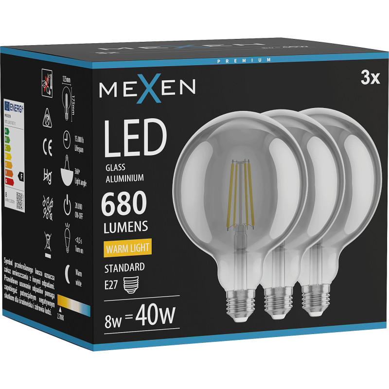 Mexen Vintis 3x Ampoule LED filament E27, G125, 8W, Chaude - 2700K, 680 lm, fumée - L158-E27-0827-70x03