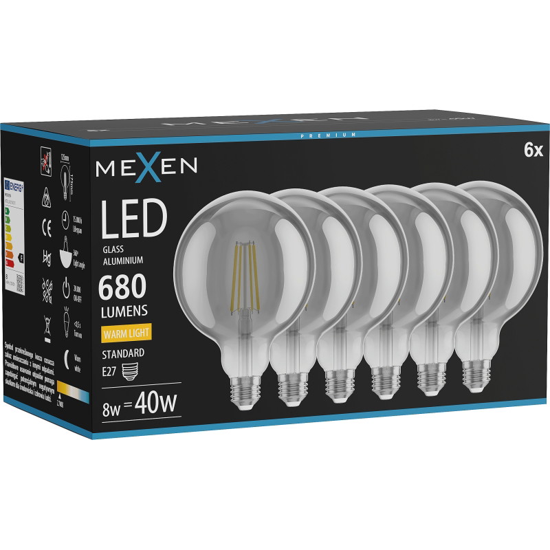 Mexen Vintis 6x Ampoule à filament LED E27, G125, 8W, Chaude - 2700K, 680 lm, smoke - L158-E27-0827-70x06