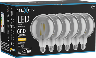 Mexen Vintis 6x Ampoule à filament LED E27, G125, 8W, Chaude - 2700K, 680 lm, smoke - L158-E27-0827-70x06