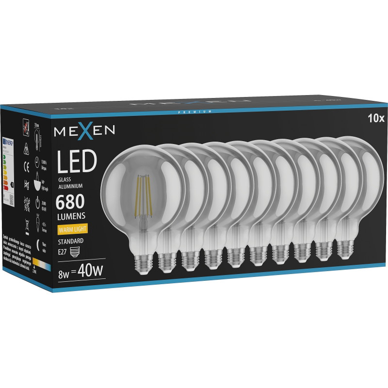 Mexen Vintis 10x Ampoule filament LED E27, G125, 8W, Chaude - 2700K, 680 lm, fumée - L158-E27-0827-70x10