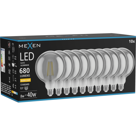 Mexen Vintis 10x Ampoule filament LED E27, G125, 8W, Chaude - 2700K, 680 lm, fumée - L158-E27-0827-70x10