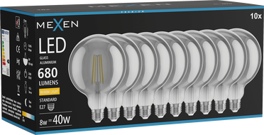 Mexen Vintis 10x Ampoule filament LED E27, G125, 8W, Chaude - 2700K, 680 lm, fumée - L158-E27-0827-70x10