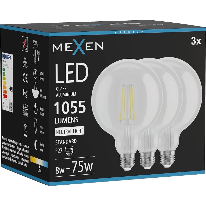 Mexen Vintis 3x Ampoule filament LED E27, G125, 8W, Neutre - 4000K, 1055 lm, clair - L158-E27-0840-00x03
