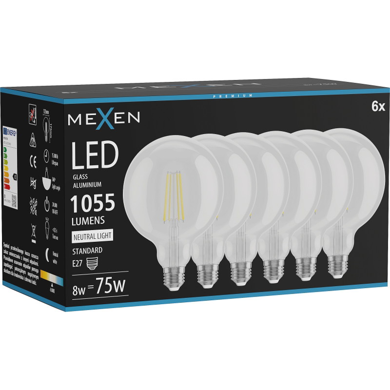 Mexen Vintis 6x Ampoule LED filament E27, G125, 8W, Neutre - 4000K, 1055 lm, clair - L158-E27-0840-00x06