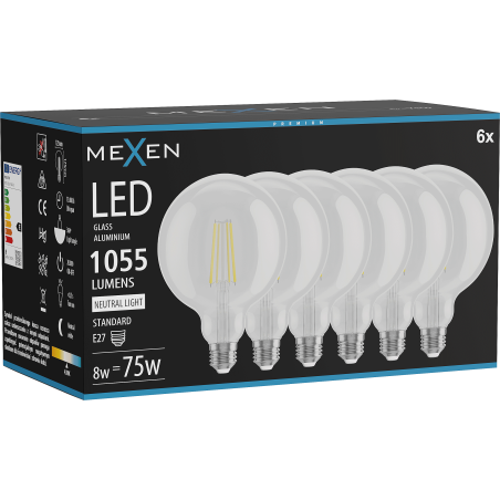 Mexen Vintis 6x Ampoule LED filament E27, G125, 8W, Neutre - 4000K, 1055 lm, clair - L158-E27-0840-00x06