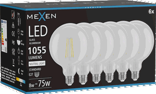 Mexen Vintis 6x Ampoule LED filament E27, G125, 8W, Neutre - 4000K, 1055 lm, clair - L158-E27-0840-00x06