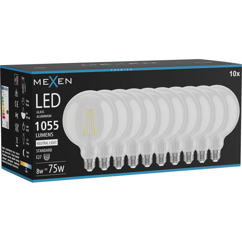 Mexen Vintis 10x Ampoule filament LED E27, G125, 8W, Neutre - 4000K, 1055 lm, transparent - L158-E27-0840-00x10