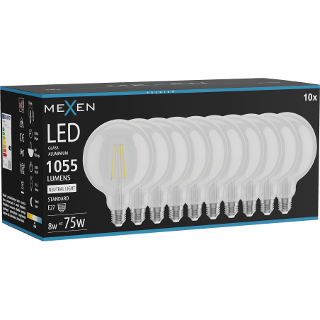Mexen Vintis 10x Ampoule filament LED E27, G125, 8W, Neutre - 4000K, 1055 lm, transparent - L158-E27-0840-00x10