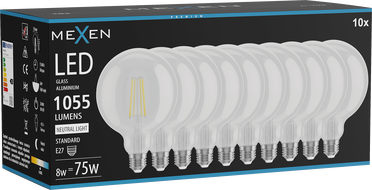 Mexen Vintis 10x Ampoule filament LED E27, G125, 8W, Neutre - 4000K, 1055 lm, transparent - L158-E27-0840-00x10