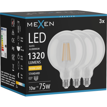 Mexen Vintis 3x Ampoule filament LED E27, G125, 10W, Chaude - 2700K, 1320 lm, claire - L158-E27-1027-00x03