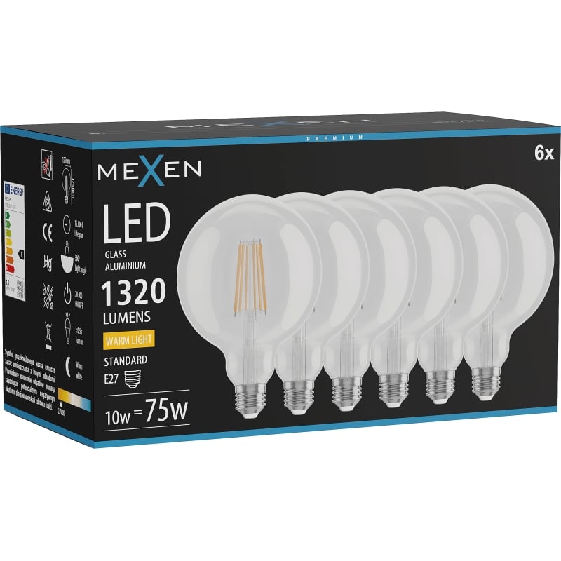 Mexen Vintis 6x Ampoule filament LED E27, G125, 10W, Chaleureux - 2700K, 1320 lm, clair - L158-E27-1027-00x06