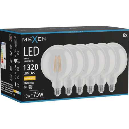 Mexen Vintis 6x Ampoule filament LED E27, G125, 10W, Chaleureux - 2700K, 1320 lm, clair - L158-E27-1027-00x06