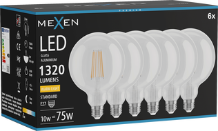 Mexen Vintis 6x Ampoule filament LED E27, G125, 10W, Chaleureux - 2700K, 1320 lm, clair - L158-E27-1027-00x06