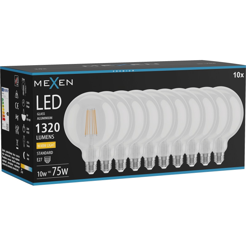 Mexen Vintis 10x Ampoule filament LED E27, G125, 10W, Chaud - 2700K, 1320 lm, transparent - L158-E27-1027-00x10