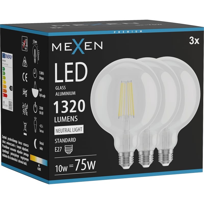 Mexen Vintis 3x Ampoule filament LED E27, G125, 10W, Neutre - 4000K, 1320 lm, transparent - L158-E27-1040-00x03