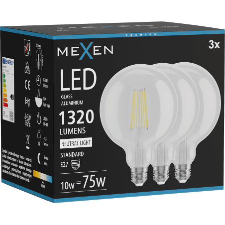 Mexen Vintis 3x Ampoule filament LED E27, G125, 10W, Neutre - 4000K, 1320 lm, transparent - L158-E27-1040-00x03