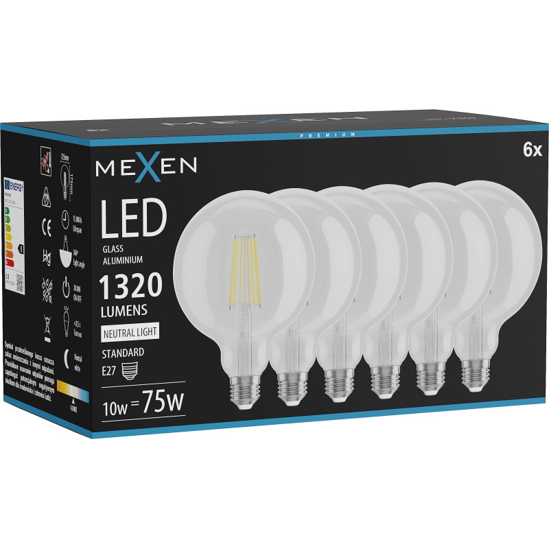Mexen Vintis 6x Ampoule LED filament E27, G125, 10W, Neutre - 4000K, 1320 lm, clair - L158-E27-1040-00x06