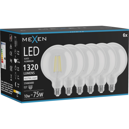 Mexen Vintis 6x Ampoule LED filament E27, G125, 10W, Neutre - 4000K, 1320 lm, clair - L158-E27-1040-00x06