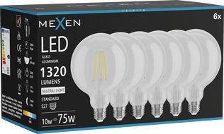 Mexen Vintis 6x Ampoule LED filament E27, G125, 10W, Neutre - 4000K, 1320 lm, clair - L158-E27-1040-00x06