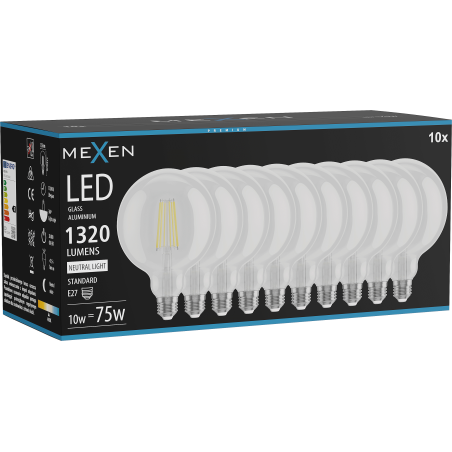 Mexen Vintis 10x Ampoule filament LED E27, G125, 10W, Neutre - 4000K, 1320 lm, clair - L158-E27-1040-00x10