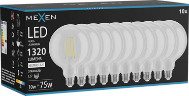 Mexen Vintis 10x Ampoule filament LED E27, G125, 10W, Neutre - 4000K, 1320 lm, clair - L158-E27-1040-00x10